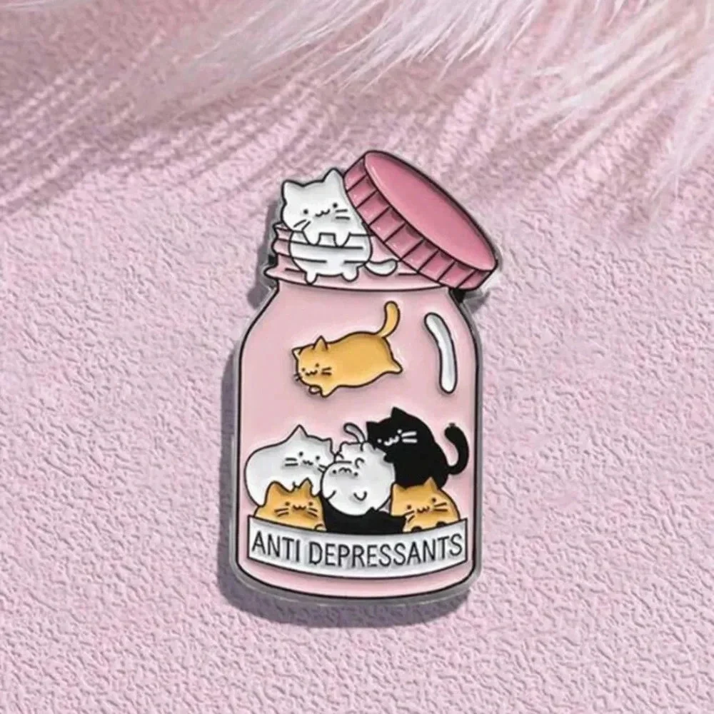 Pink multicolor kitty cats in medicine bottle antidepressants enamel pin bag hat